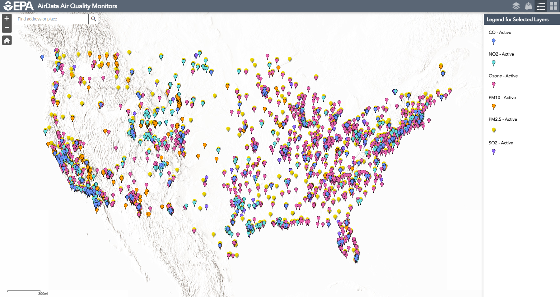 Map of the US showing Location of Air Quality Monitors for Criteria Pollutants for purpose of wildfire pollution data