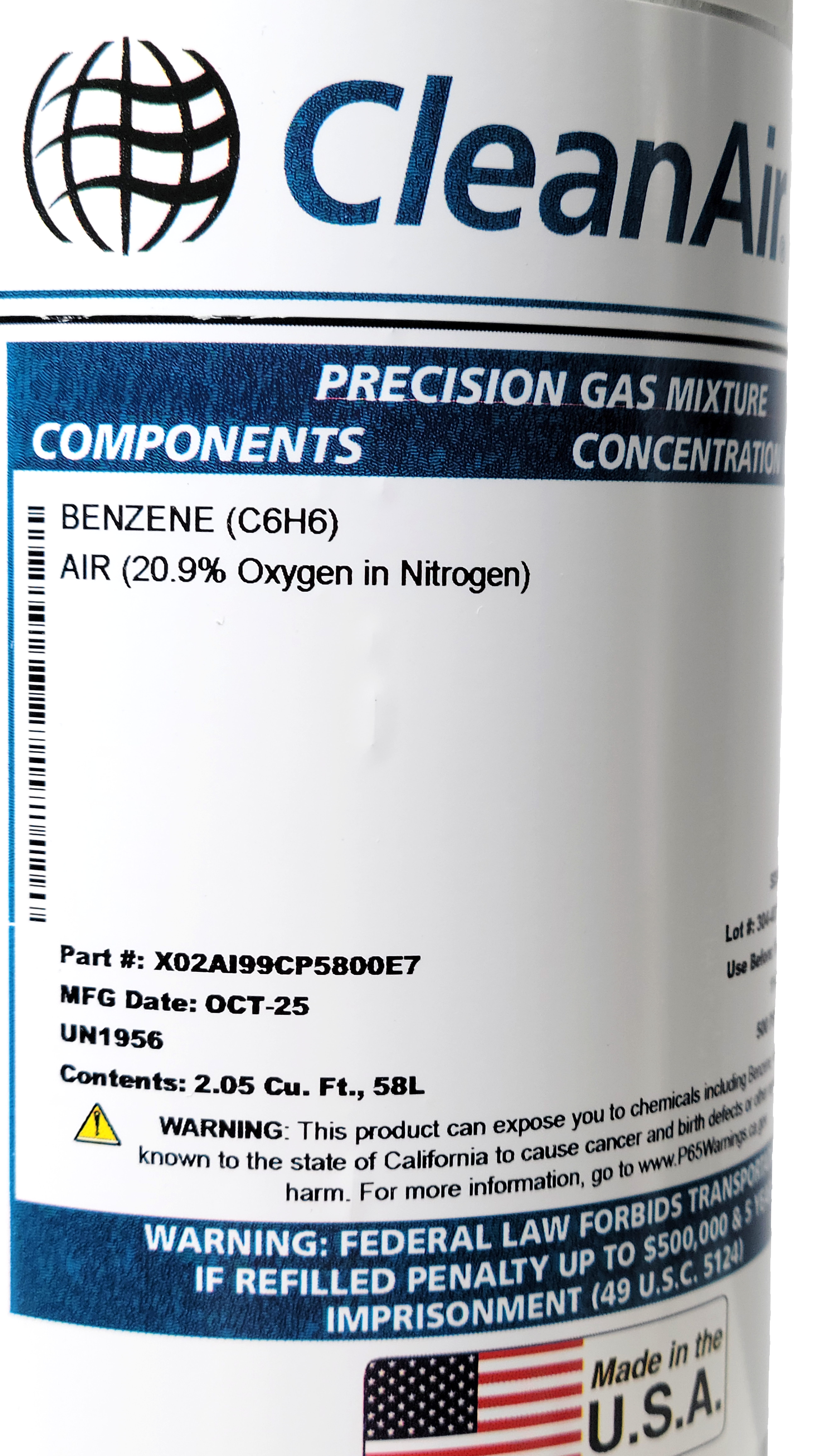 58L Disposable Cylinder - Benzene in Air - Label Zoom